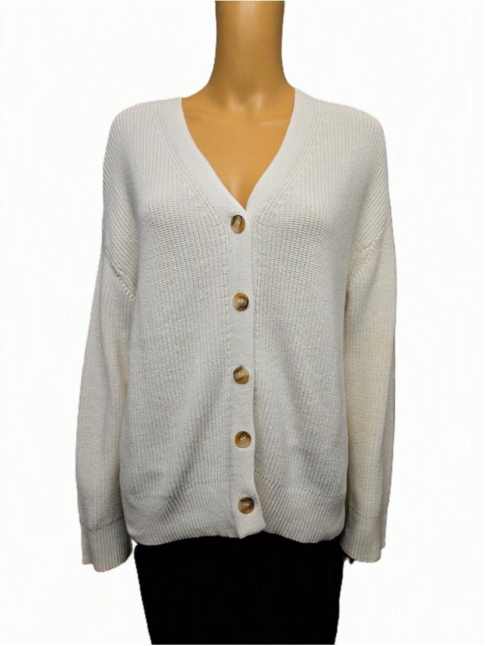 Hudson Medium Cream Oversized Ribbed Cotton Cardigan Tortoiseshell Button - Picture 2 of 9